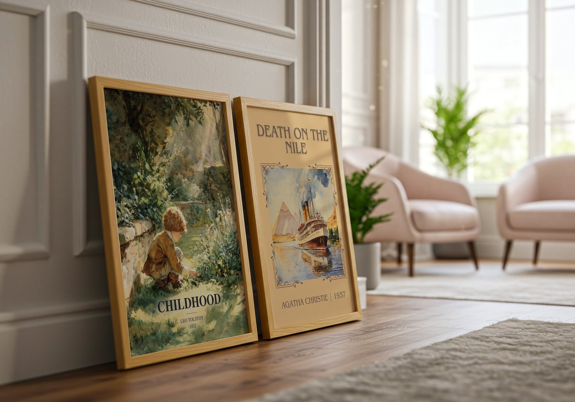 Childhood watercolour print framed by window – literary home decor