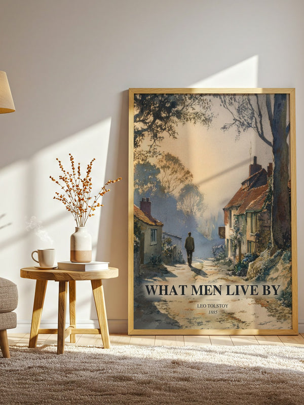 What Men Live By watercolour print in frame leaning in hallway – classic literature wall art