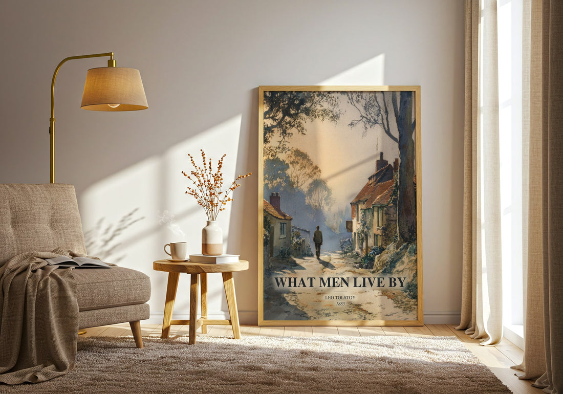 What Men Live By watercolour print in frame leaning in hallway – classic literature wall art (mockup)