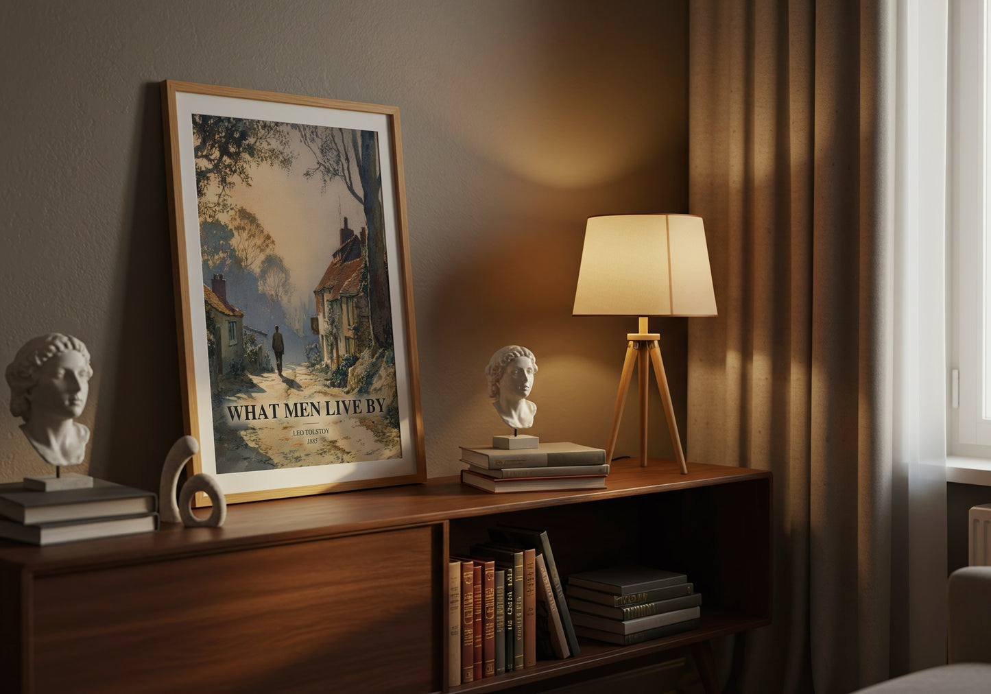 What Men Live By watercolour print on bookshelf – Leo Tolstoy fan gift
