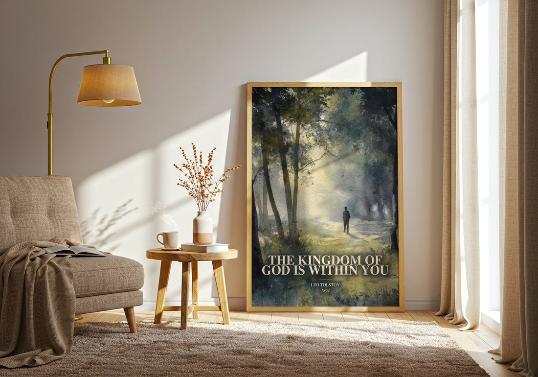 The Kingdom Of God Is Within You watercolour print in frame leaning in hallway – philosophy wall art (mockup)