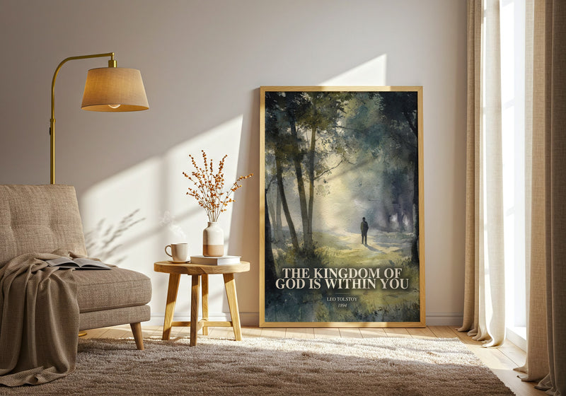 The Kingdom Of God Is Within You watercolour print in frame leaning in hallway – philosophy wall art