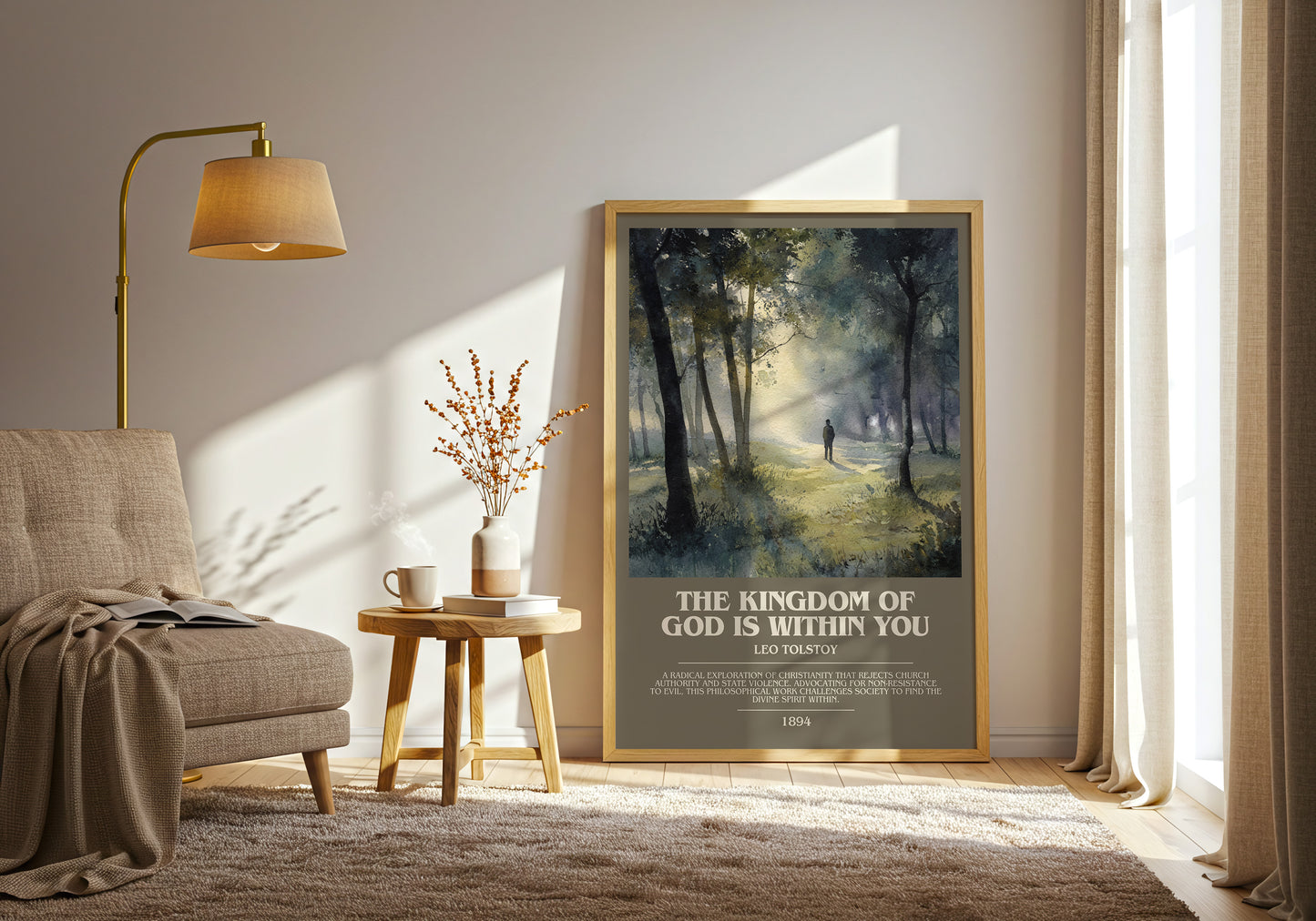 The Kingdom Of God Is Within You bookish print framed by window – literary home decor