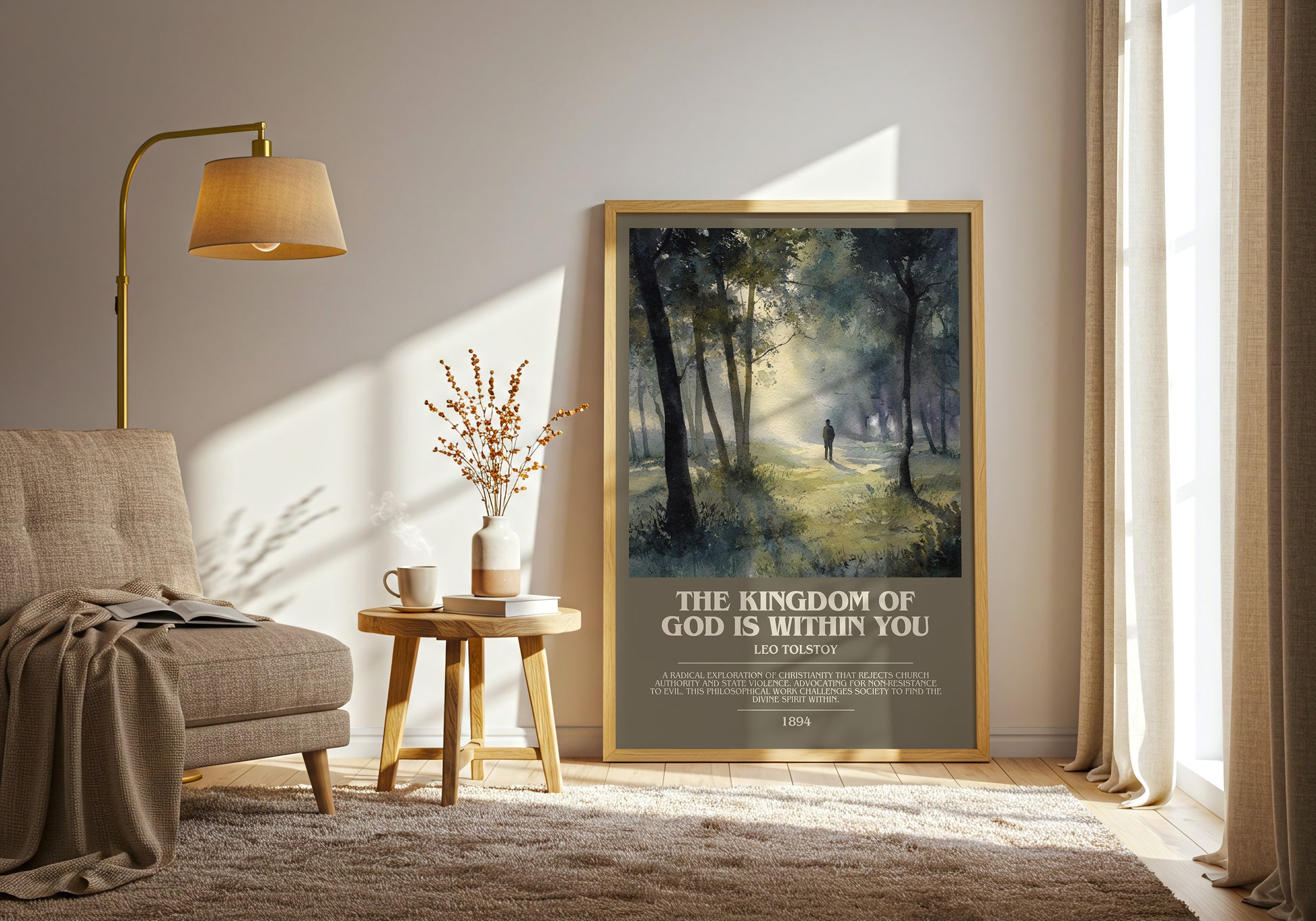 The Kingdom Of God Is Within You bookish print framed by window – literary home decor