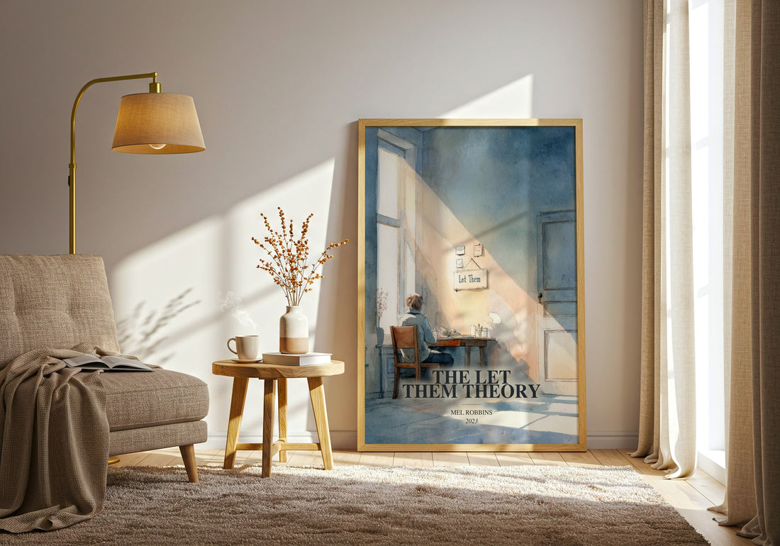The Let Them Theory watercolour print in frame leaning in hallway – non fiction wall art (mockup)