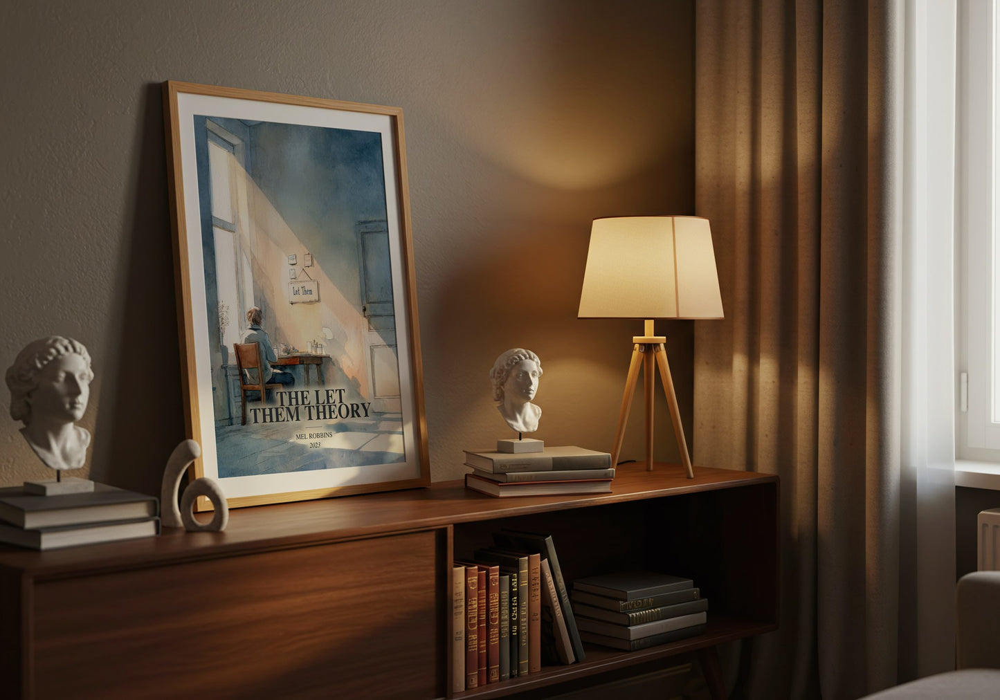 The Let Them Theory watercolour print on bookshelf – Mel Robbins fan gift