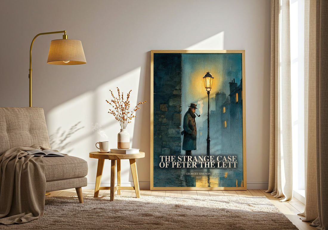 The Strange Case Of Peter The Lett watercolour print in frame leaning in hallway – mystery wall art (mockup)