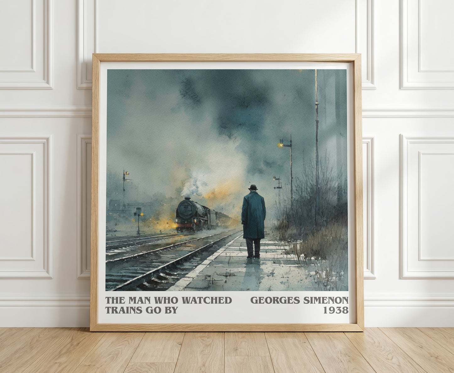 The Man Who Watched the Trains Go By literary print in frame leaning in hallway – crime wall art