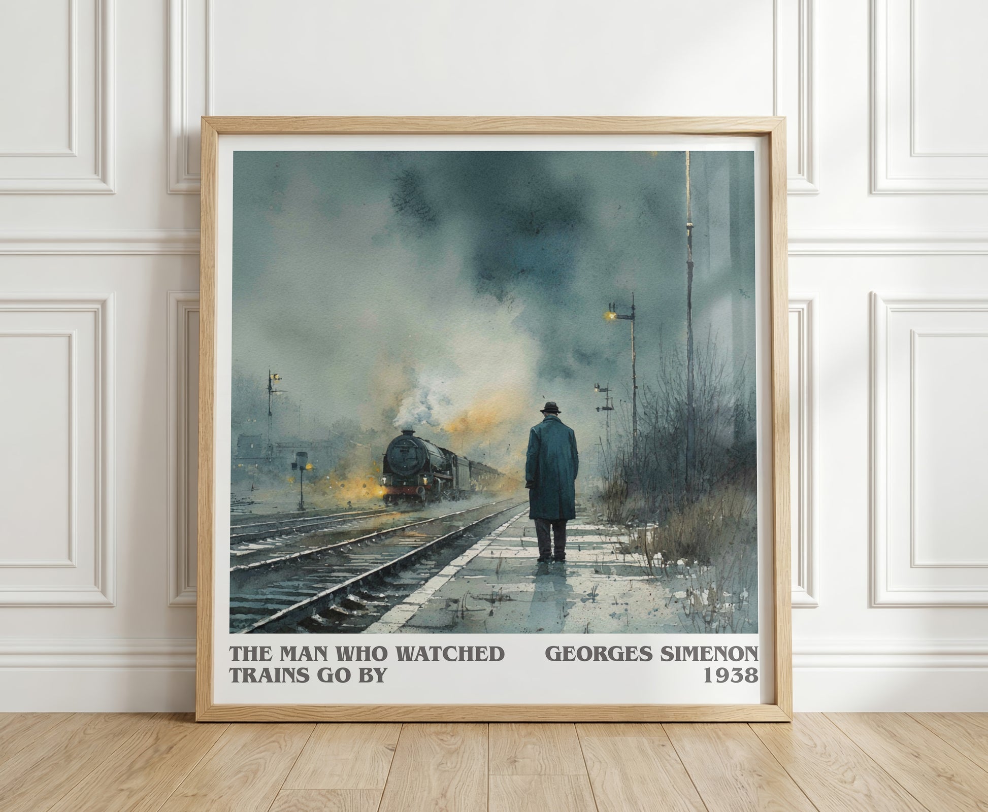 The Man Who Watched the Trains Go By literary print in frame leaning in hallway – crime wall art