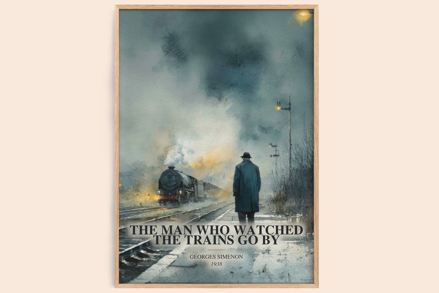 The Man Who Watched The Trains Go By watercolour book poster by Georges Simenon – framed literary art print