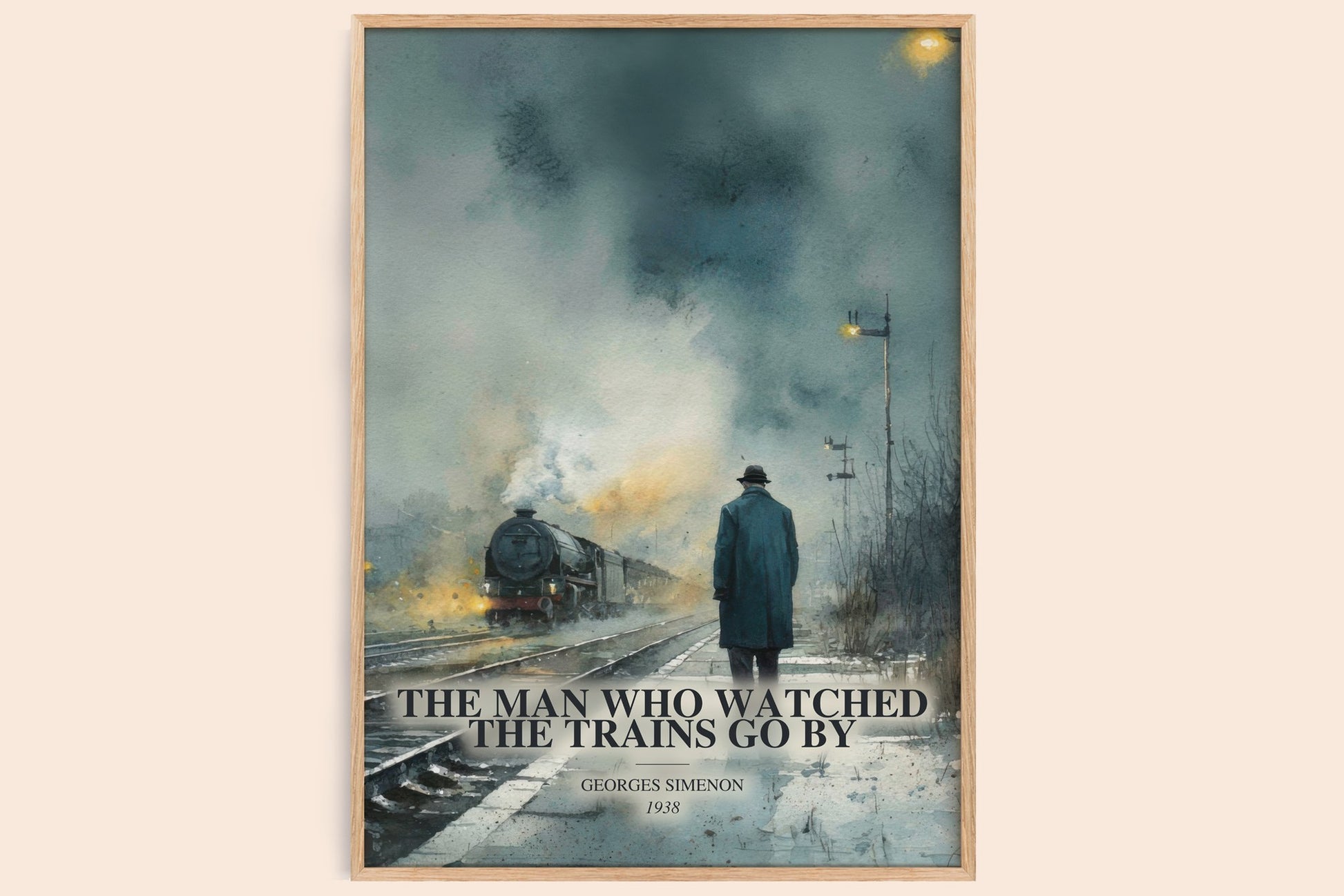 The Man Who Watched The Trains Go By watercolour book poster by Georges Simenon – framed literary art print