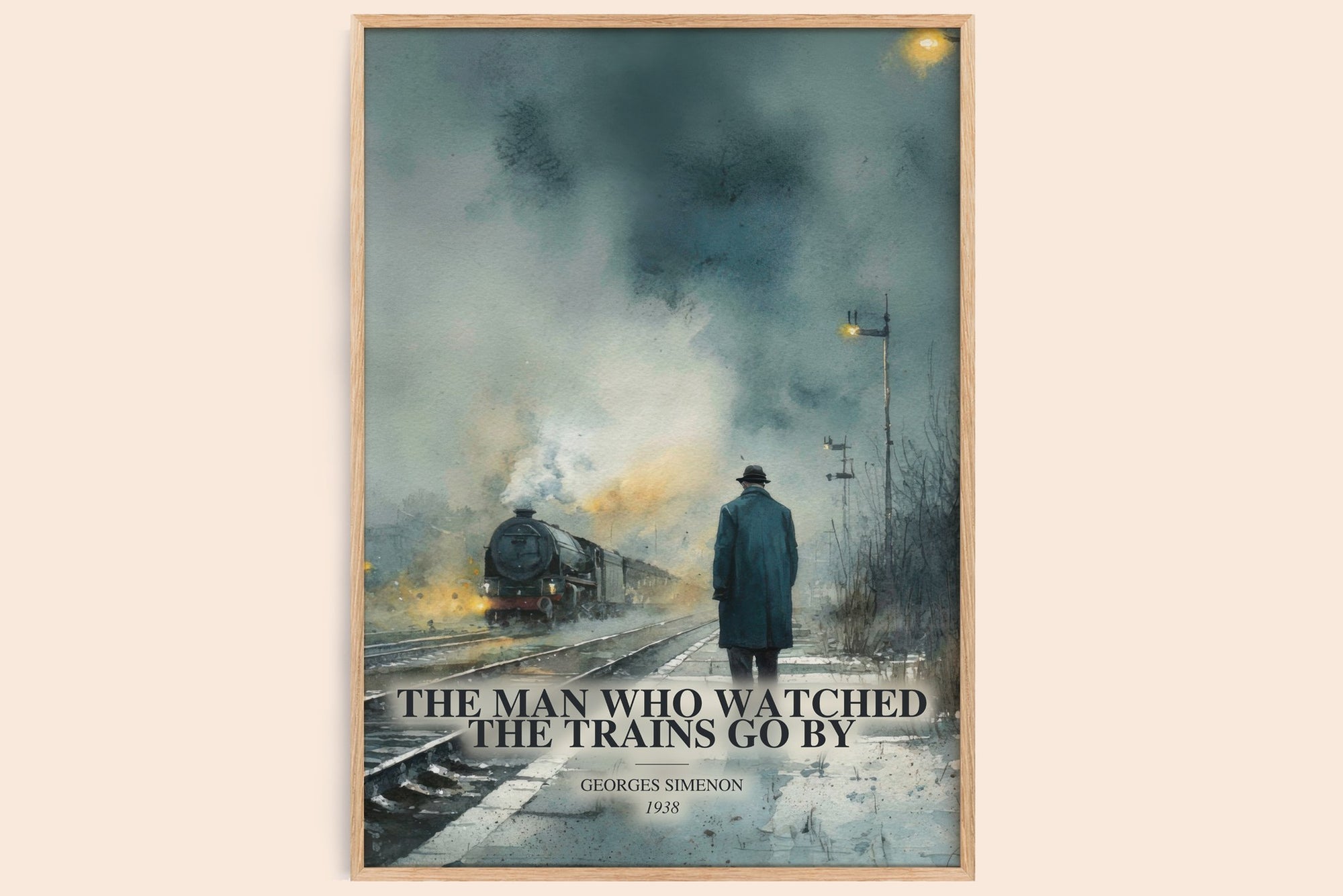 The Man Who Watched The Trains Go By watercolour book poster by Georges Simenon – framed literary art print