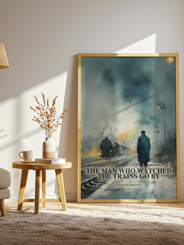 The Man Who Watched The Trains Go By watercolour print in frame leaning in hallway – crime wall art