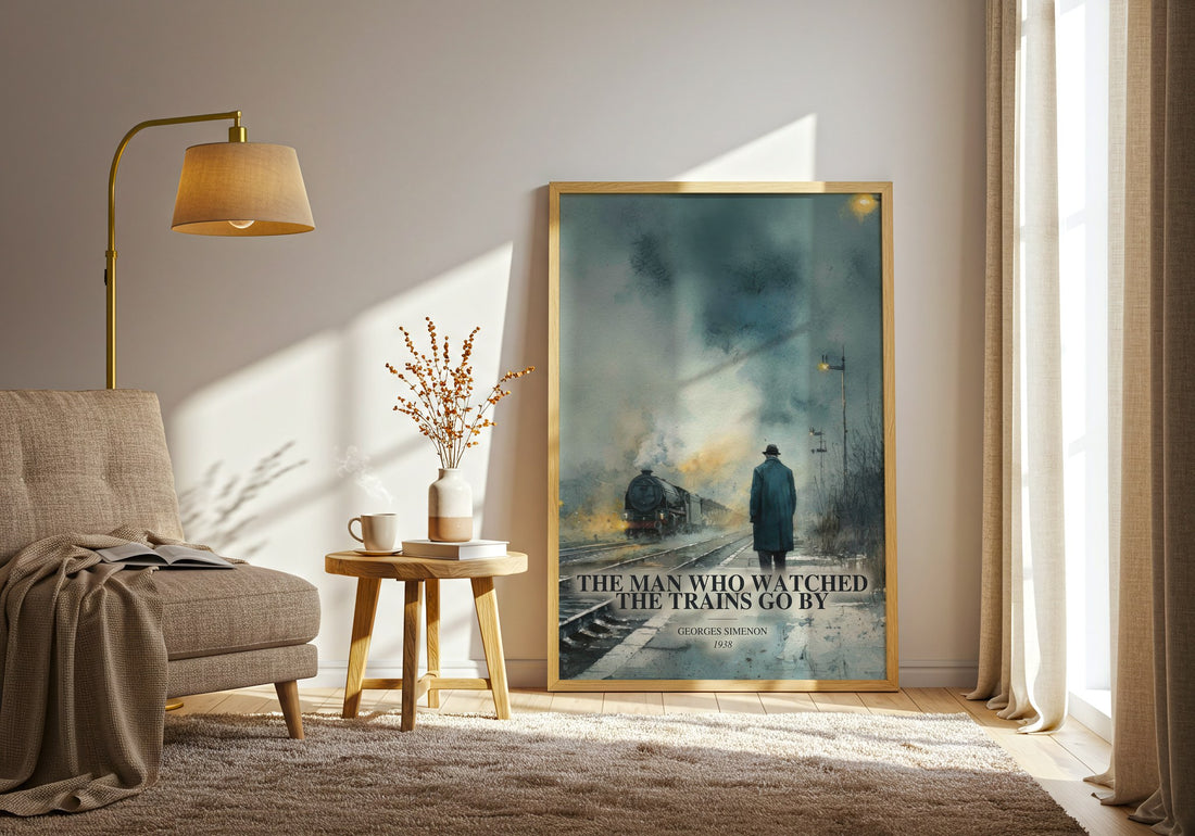 The Man Who Watched The Trains Go By watercolour print in frame leaning in hallway – crime wall art (mockup)