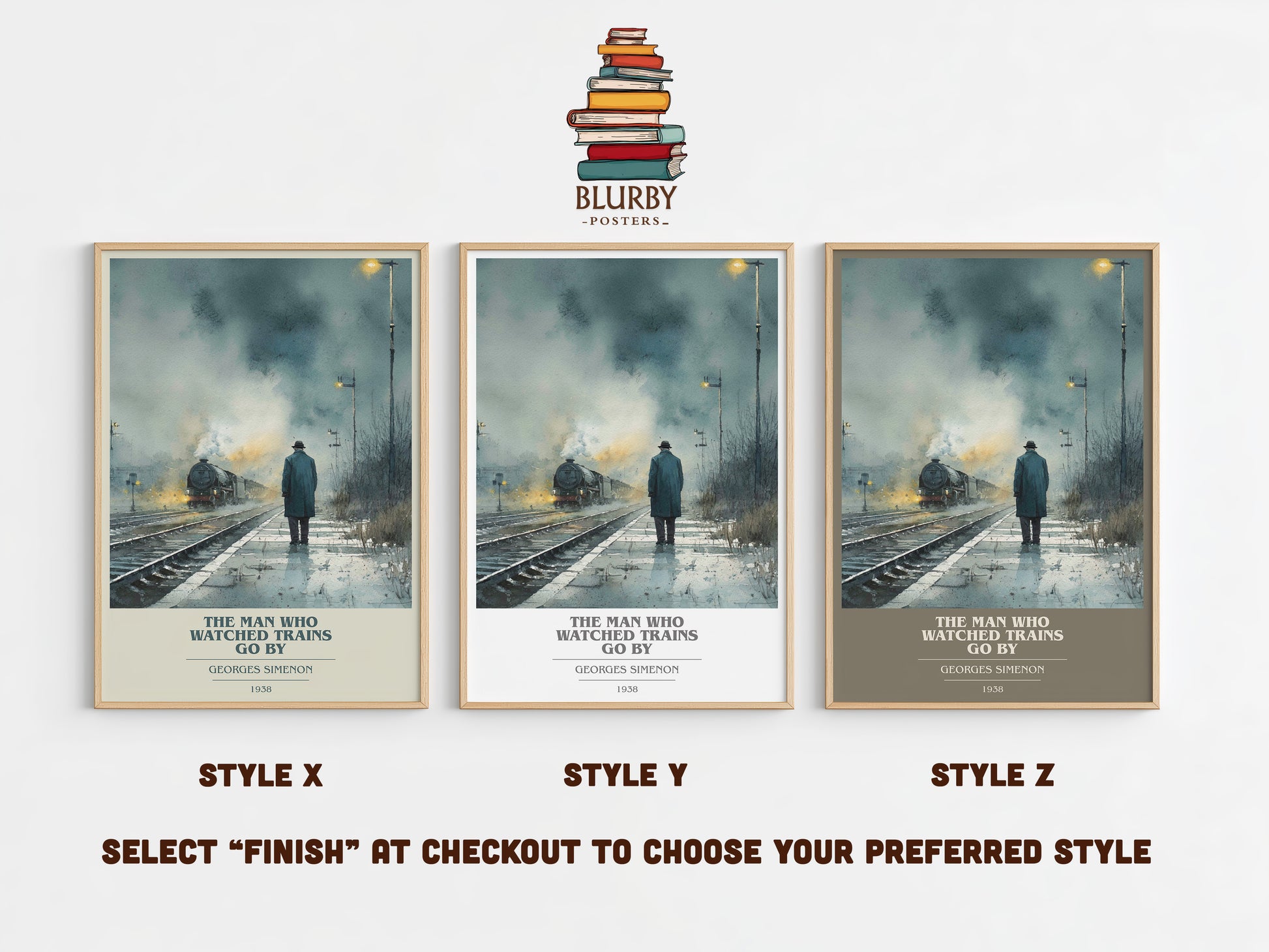 The Man Who Watched the Trains Go By book cover print in frame leaning in hallway – crime wall art