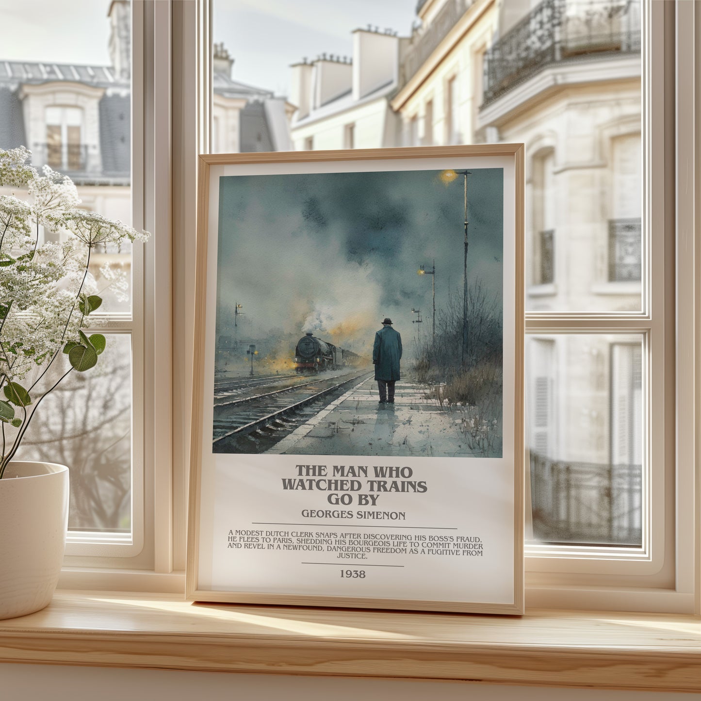 The Man Who Watched the Trains Go By bookish poster colour and style options – Georges Simenon book art