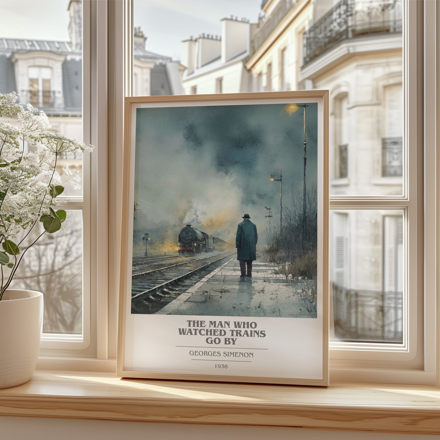The Man Who Watched the Trains Go By book cover poster colour and style options – Georges Simenon book art