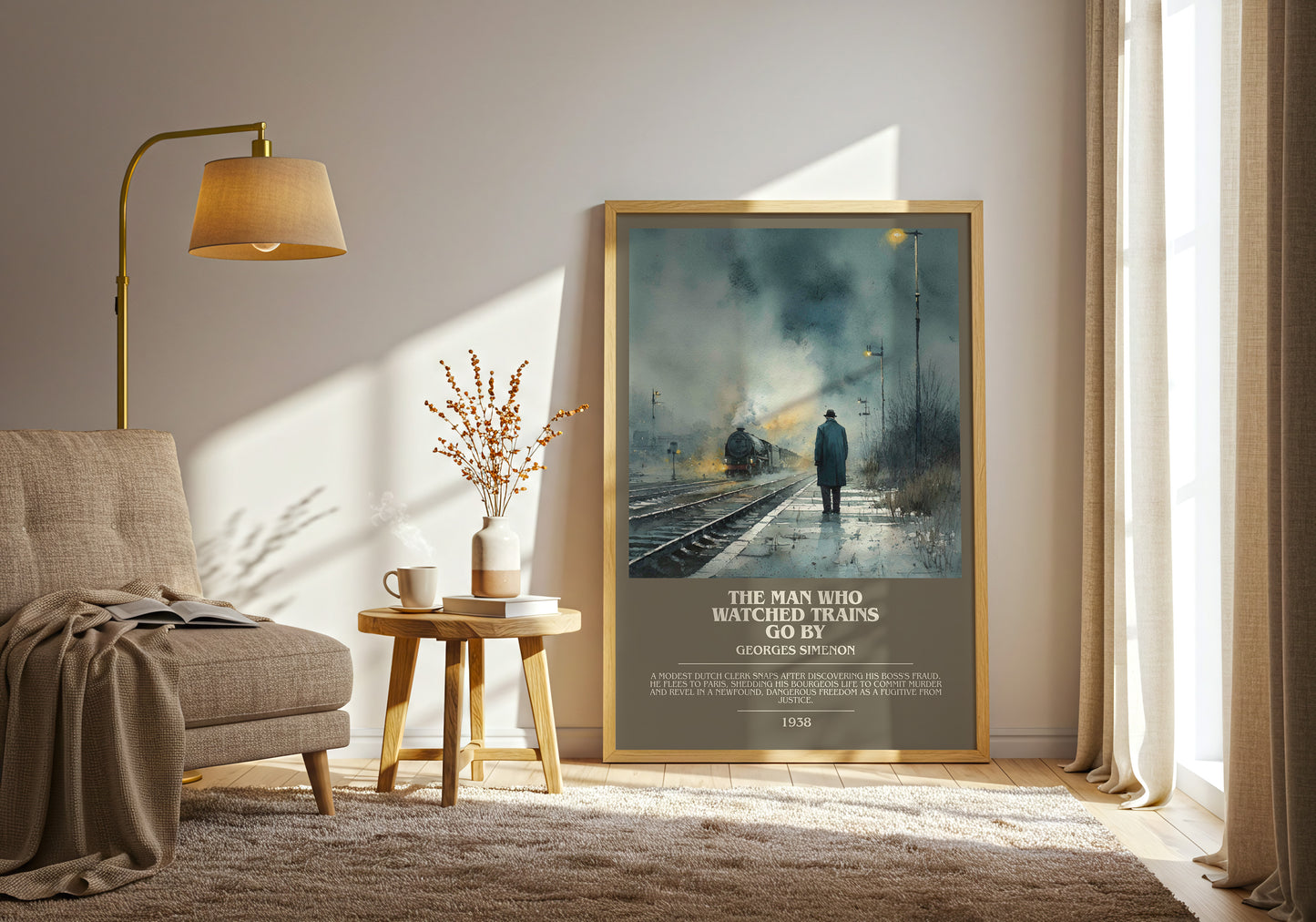 The Man Who Watched the Trains Go By bookish print framed by window – literary home decor