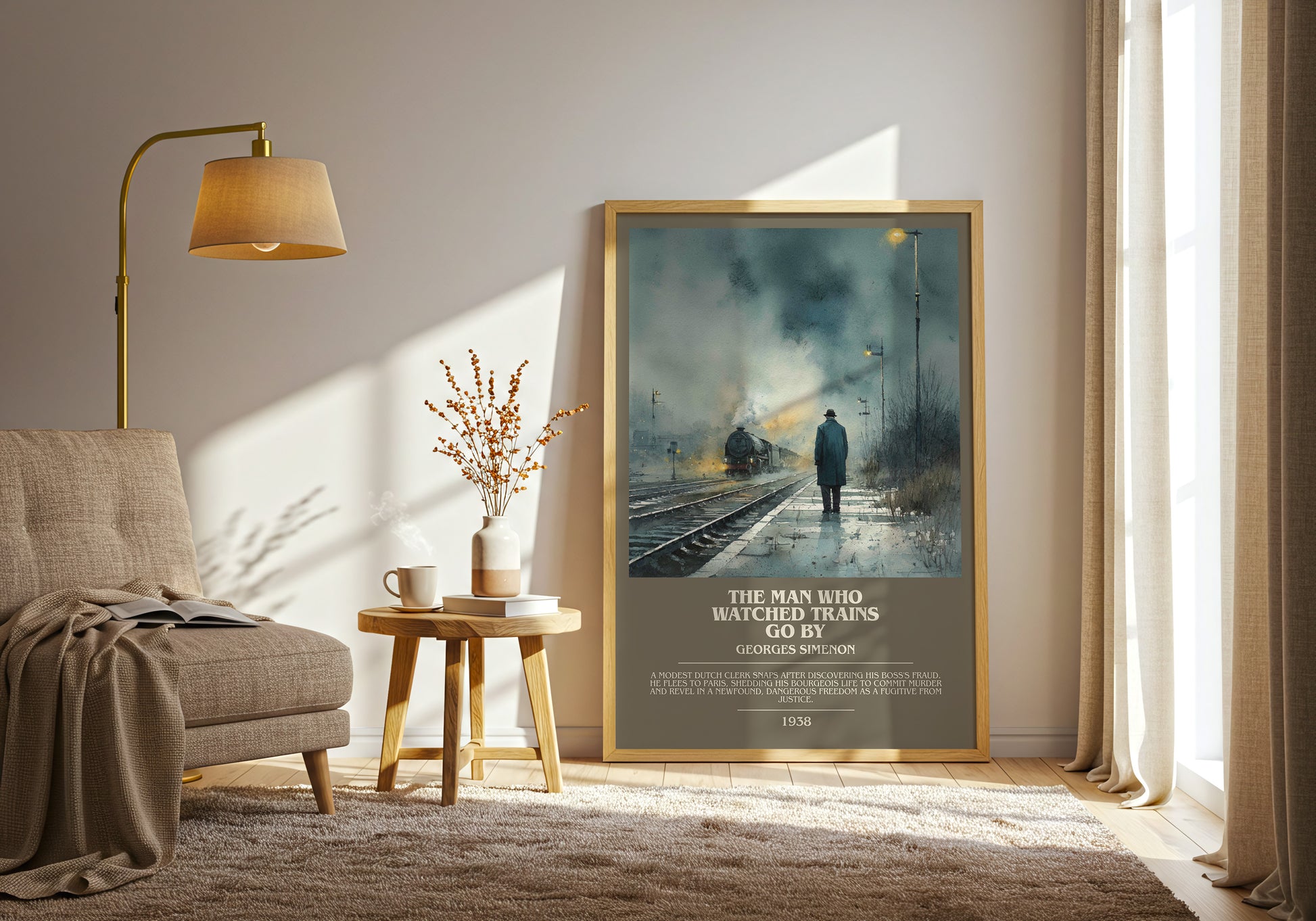 The Man Who Watched the Trains Go By bookish print framed by window – literary home decor