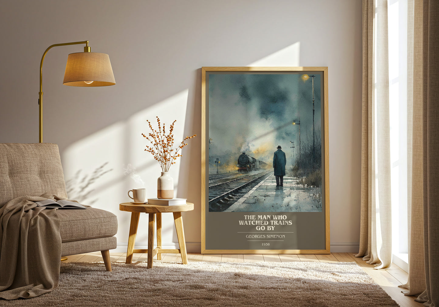 The Man Who Watched the Trains Go By book cover print framed by window – literary home decor