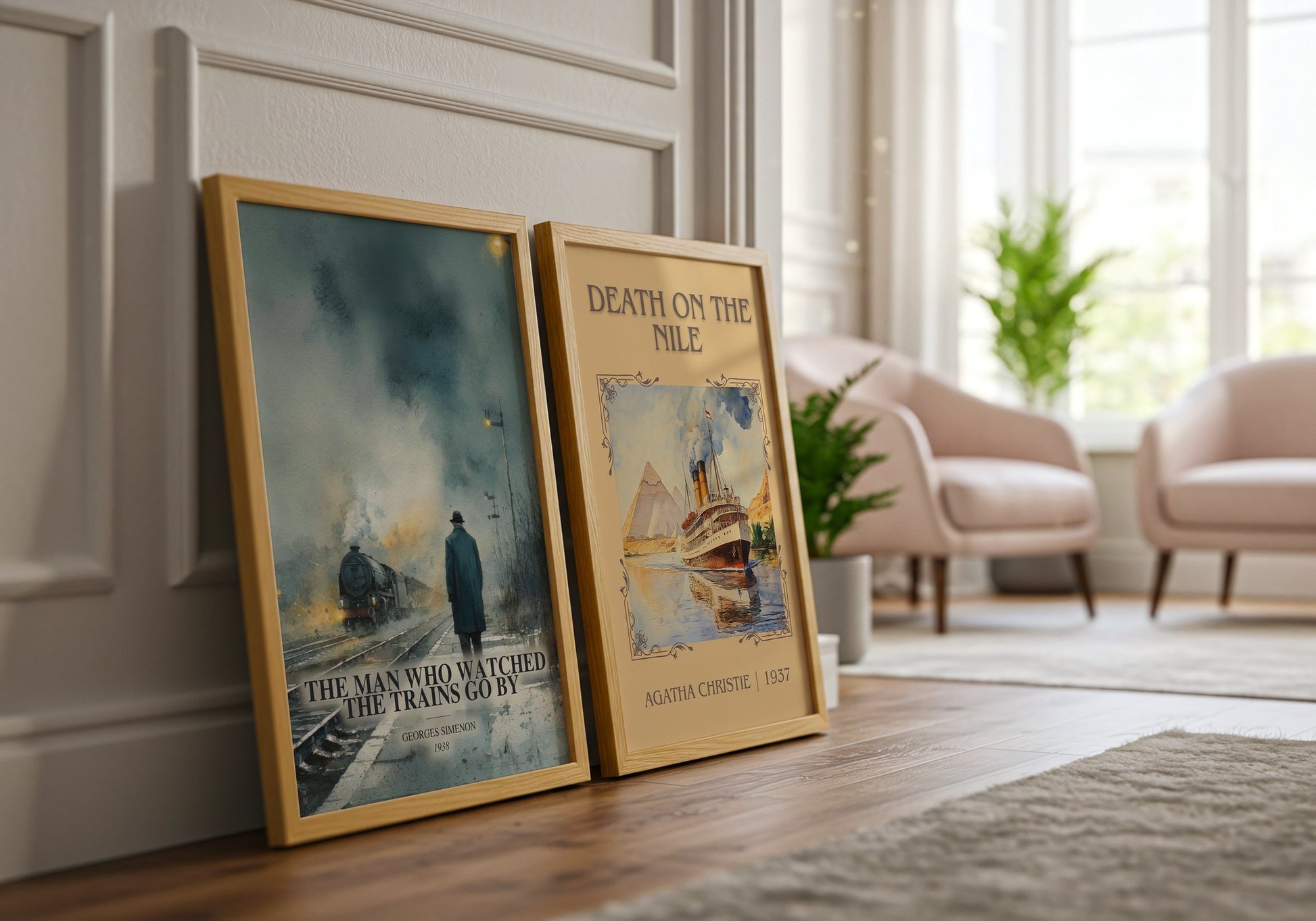 The Man Who Watched The Trains Go By watercolour print framed by window – literary home decor