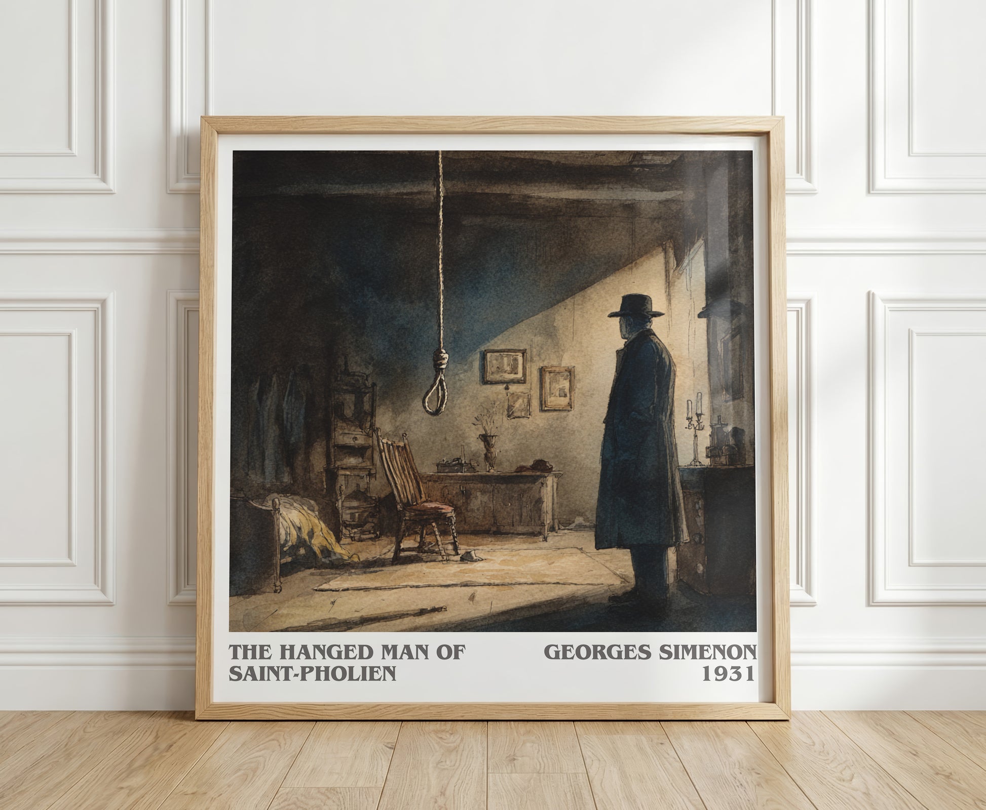 The Hanged Man Of Saint-Pholien literary print in frame leaning in hallway – fantasy wall art
