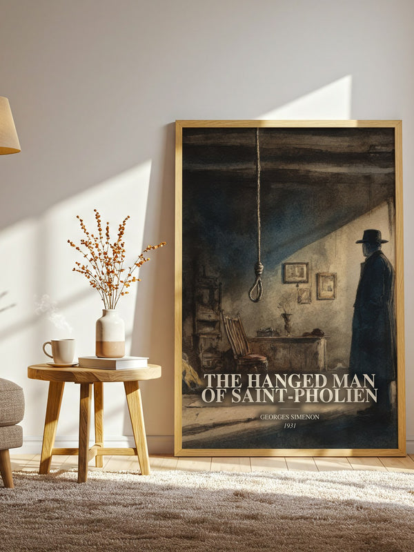 The Hanged Man Of Saint-Pholien watercolour print in frame leaning in hallway – mystery wall art