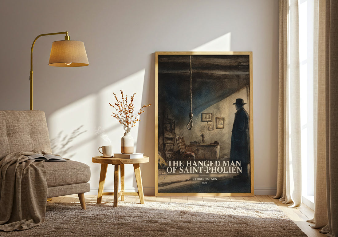 The Hanged Man Of Saint-Pholien watercolour print in frame leaning in hallway – mystery wall art (mockup)