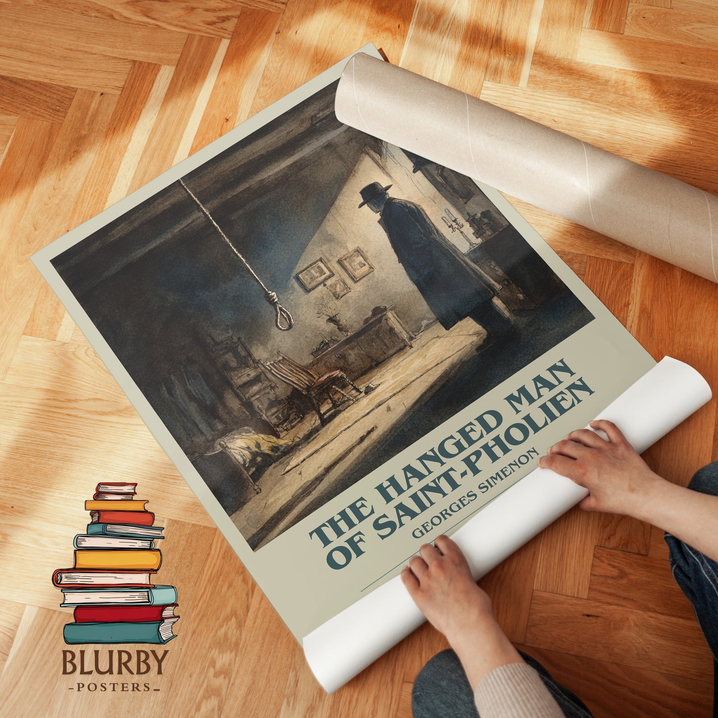 The Hanged Man Of Saint-Pholien bookish print on bookshelf – Georges Simenon fan gift