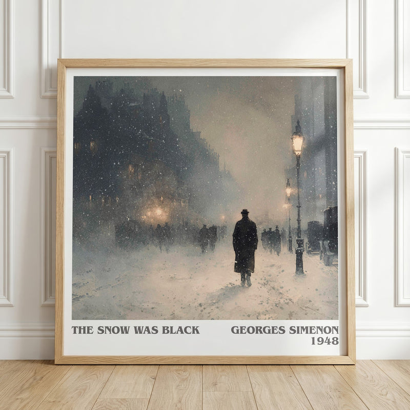 The Snow was Black literary print in frame leaning in hallway – crime wall art