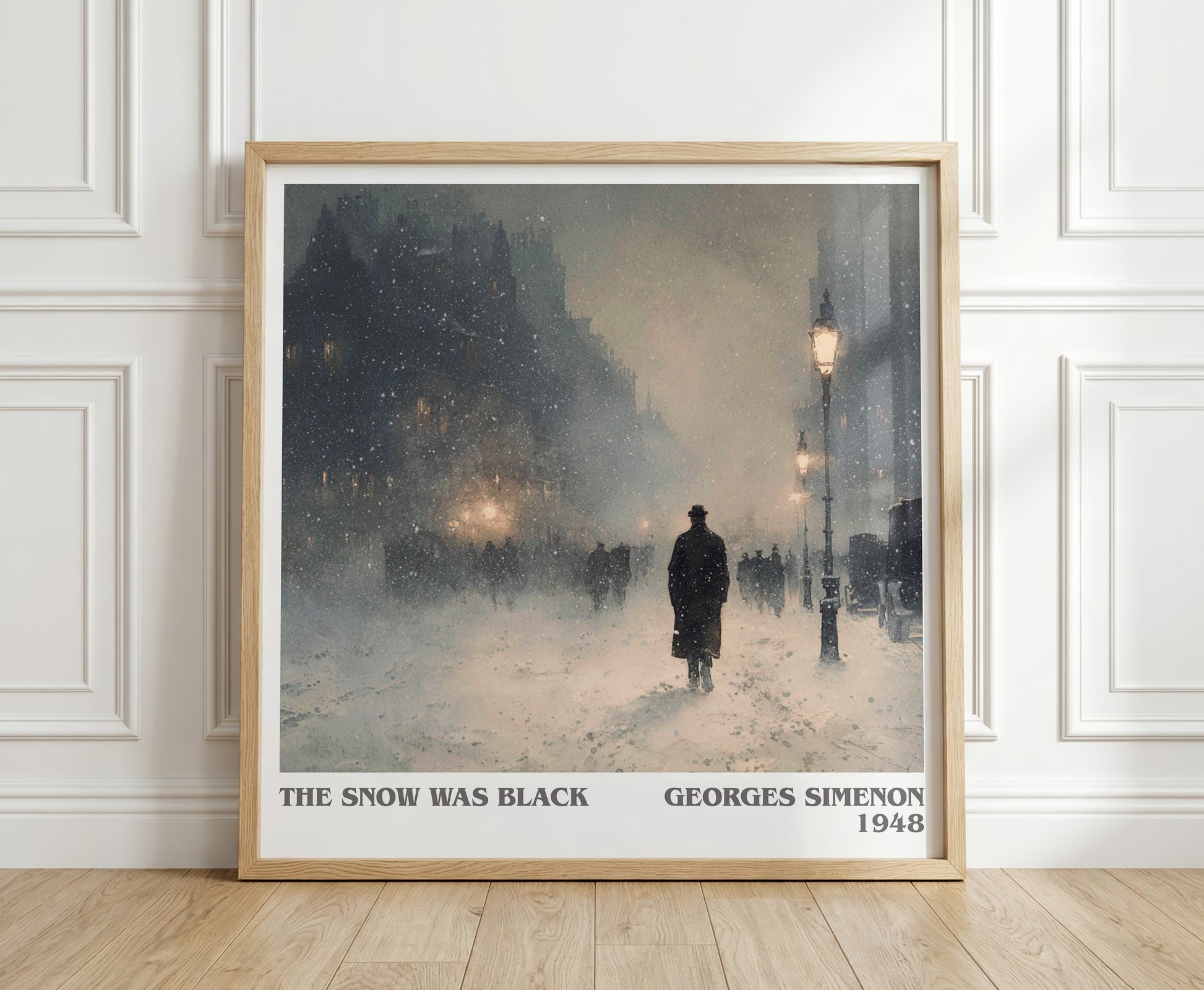 The Snow was Black literary print in frame leaning in hallway – crime wall art