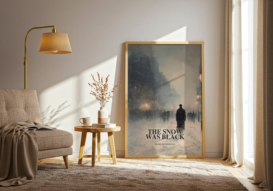 The Snow Was Black watercolour print in frame leaning in hallway – crime wall art (mockup)