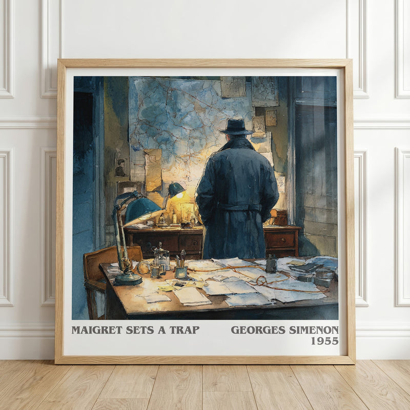 Maigret Sets a Trap literary print in frame leaning in hallway – crime wall art