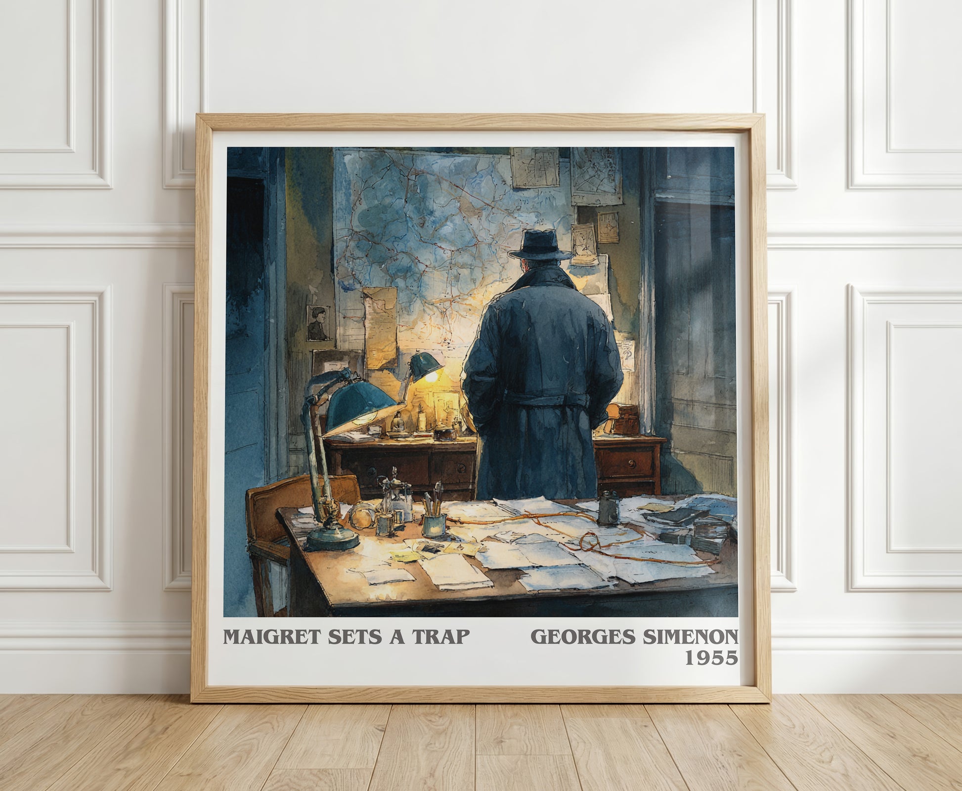 Maigret Sets a Trap literary print in frame leaning in hallway – crime wall art