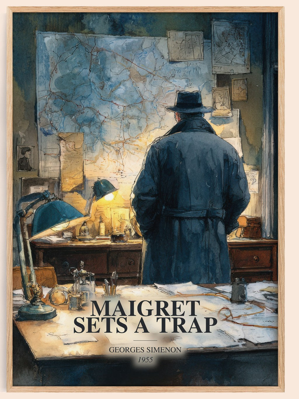 Maigret Sets A Trap watercolour book poster by Georges Simenon – framed literary art print