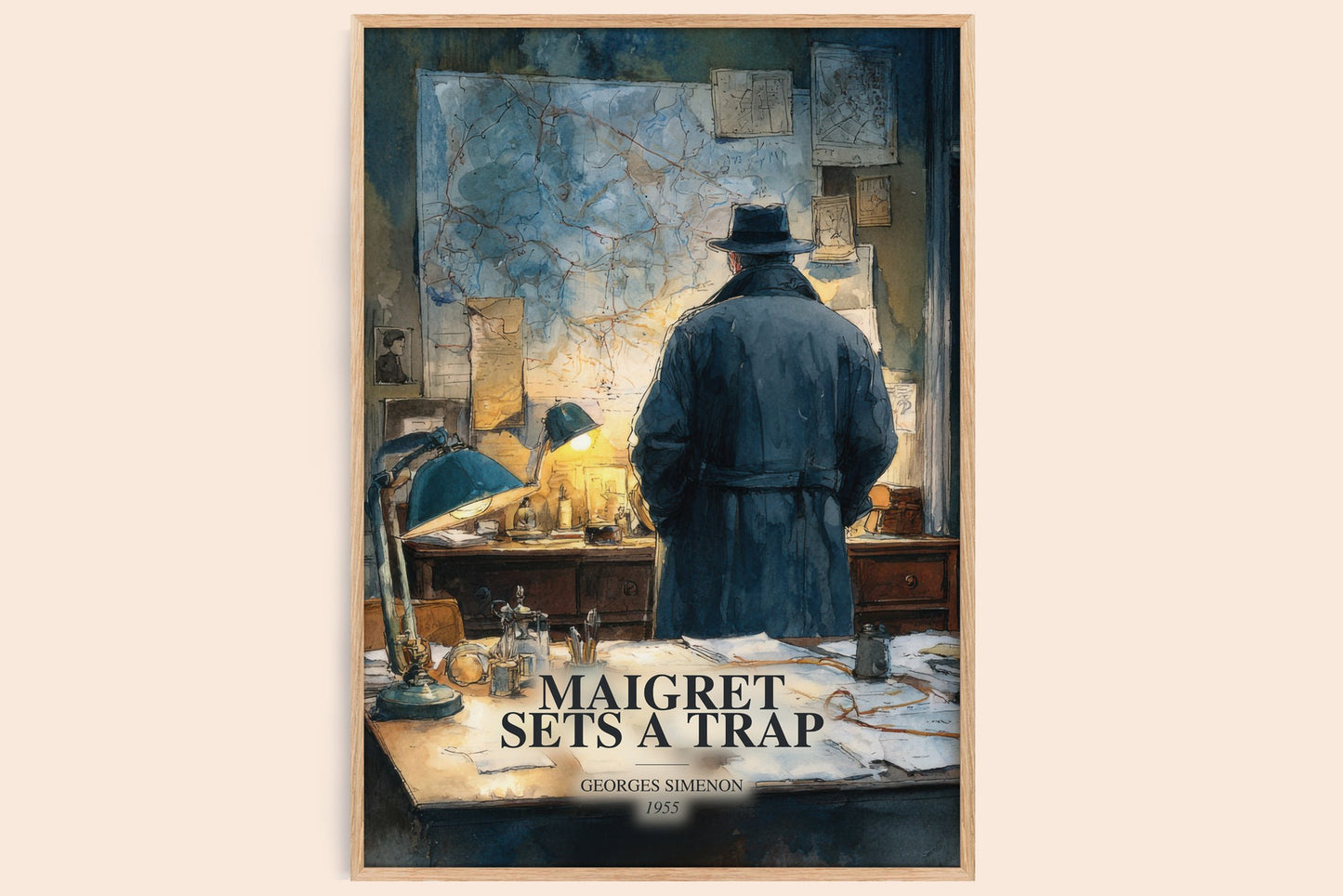 Maigret Sets A Trap watercolour book poster by Georges Simenon – framed literary art print