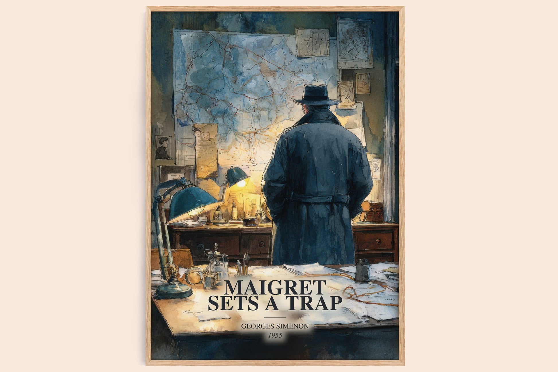 Maigret Sets A Trap watercolour book poster by Georges Simenon – framed literary art print