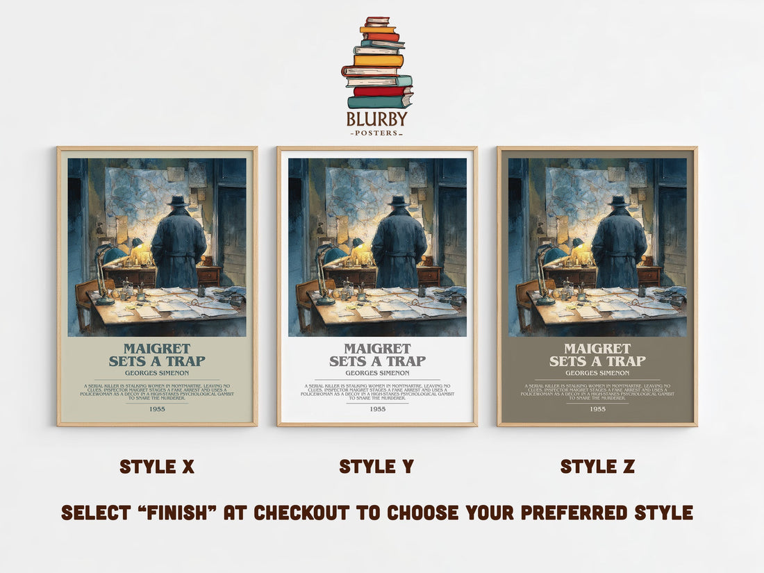 Maigret Sets a Trap bookish print in frame leaning in hallway – crime wall art (mockup)