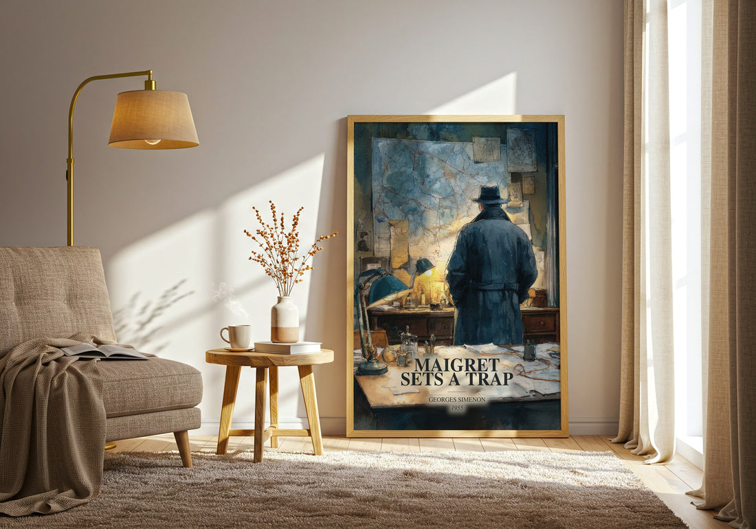Maigret Sets A Trap watercolour print in frame leaning in hallway – crime wall art (mockup)