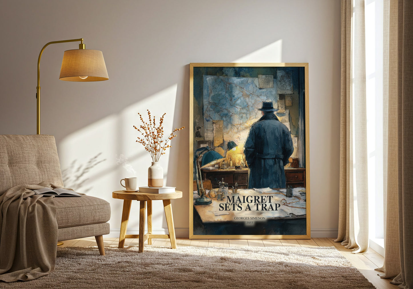 Maigret Sets A Trap watercolour print in frame leaning in hallway – crime wall art