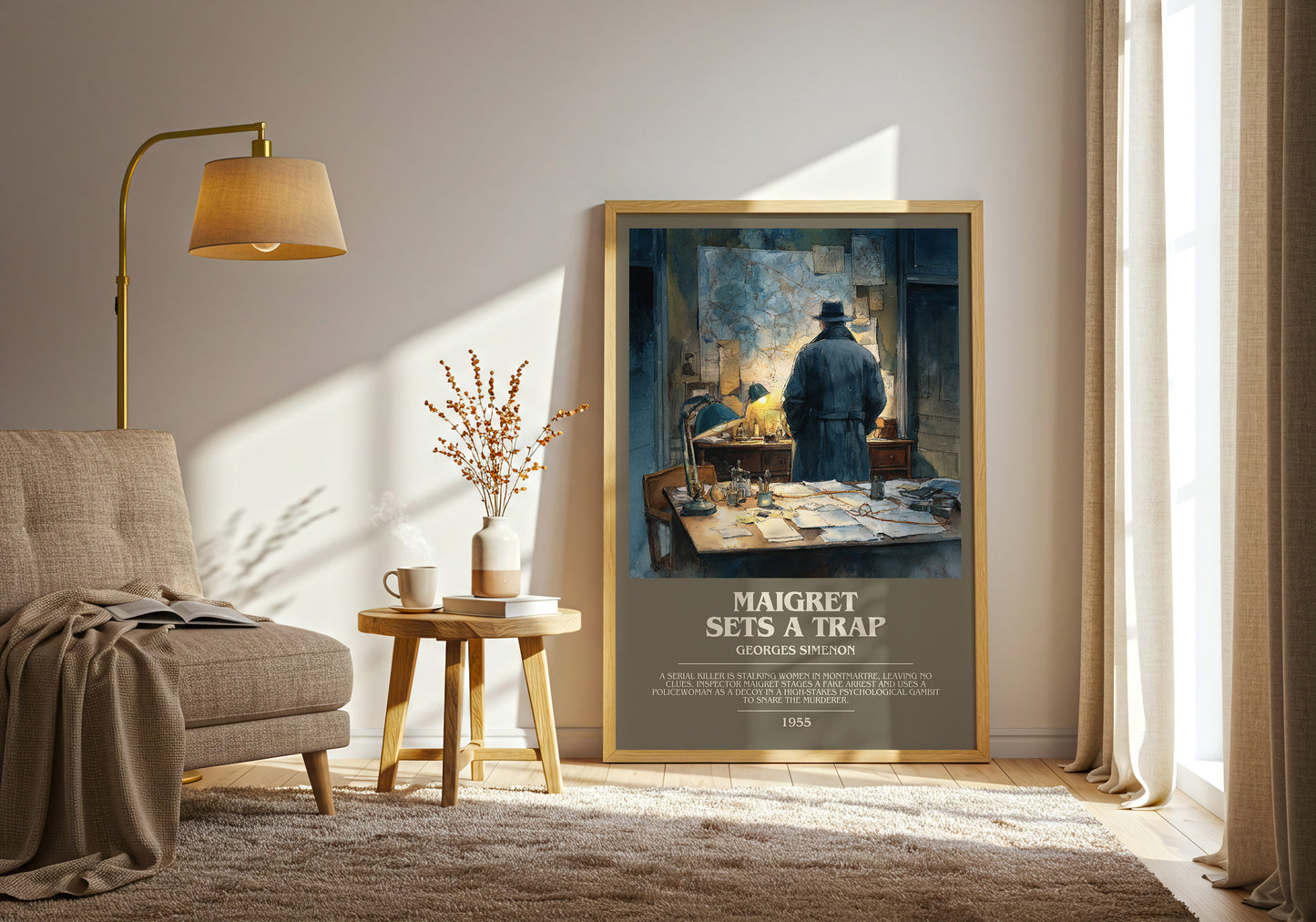 Maigret Sets a Trap bookish print framed by window – literary home decor