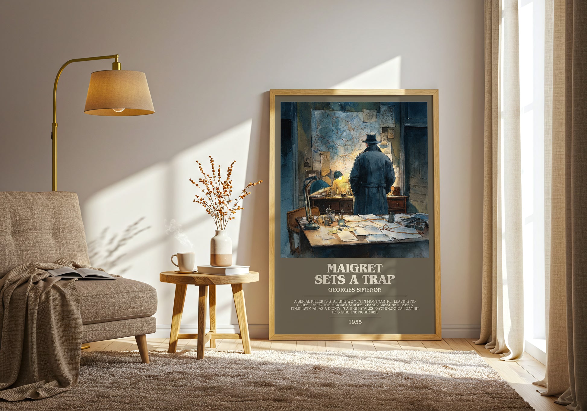 Maigret Sets a Trap bookish print framed by window – literary home decor