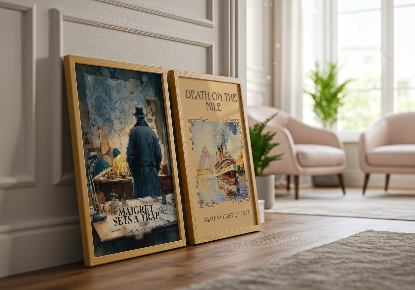 Maigret Sets A Trap watercolour print framed by window – literary home decor