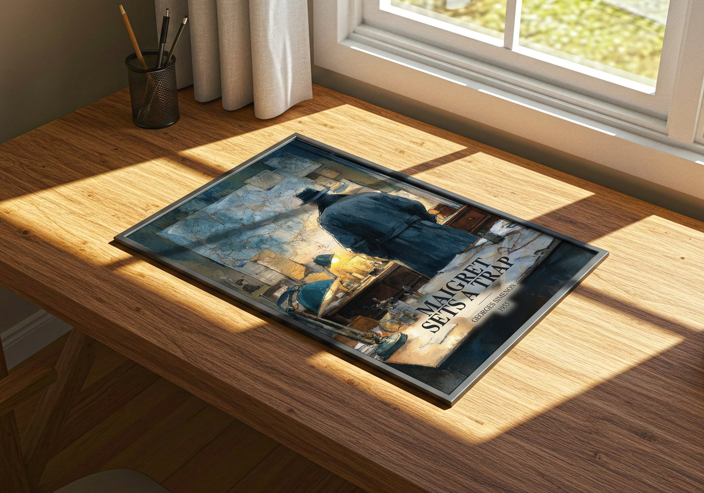 Maigret Sets A Trap watercolour book poster framed on wall – crime wall art