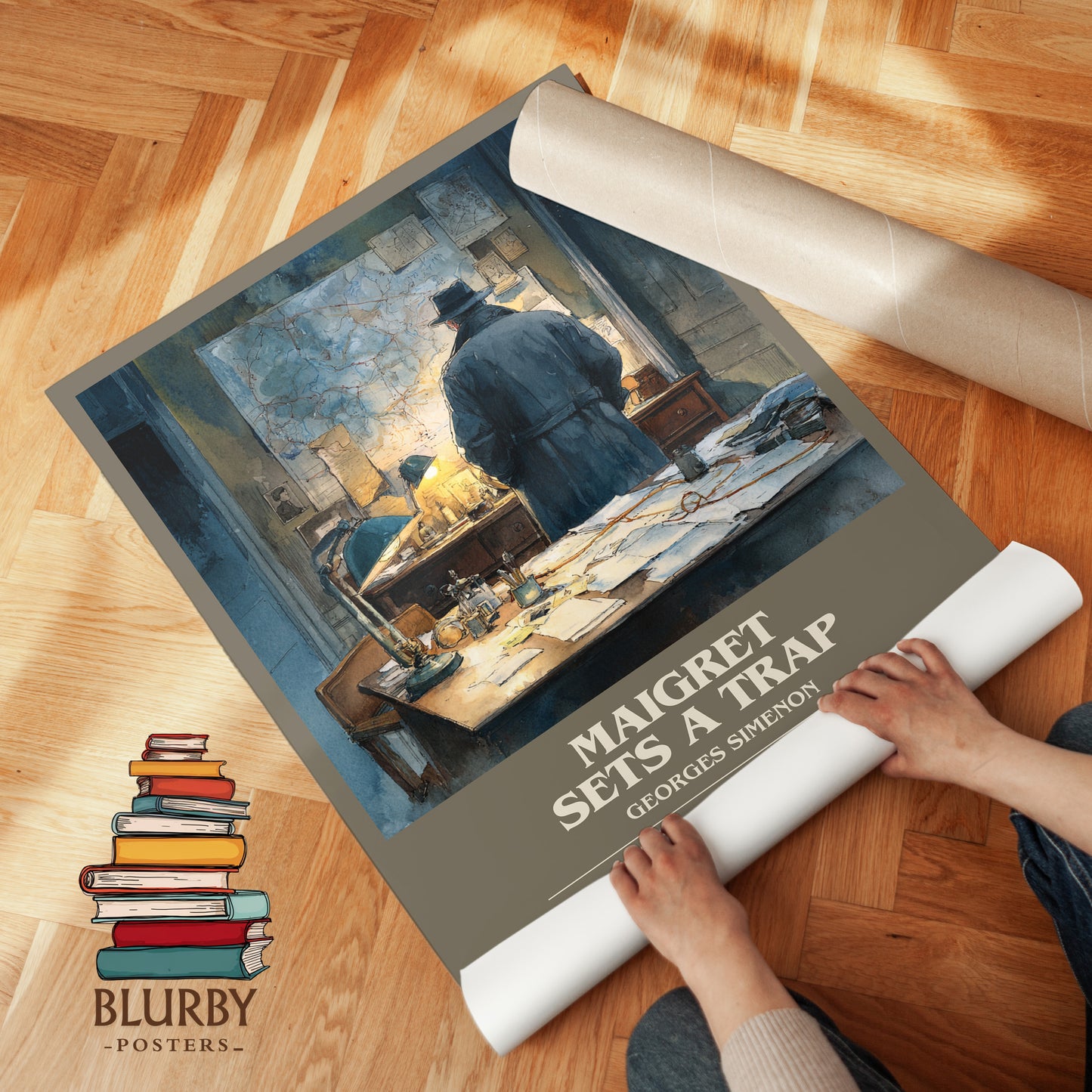 Maigret Sets a Trap bookish print on bookshelf – Georges Simenon fan gift