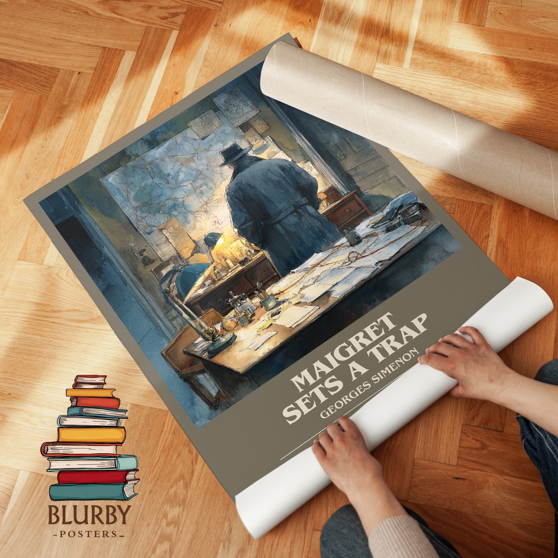 Maigret Sets a Trap bookish print on bookshelf – Georges Simenon fan gift