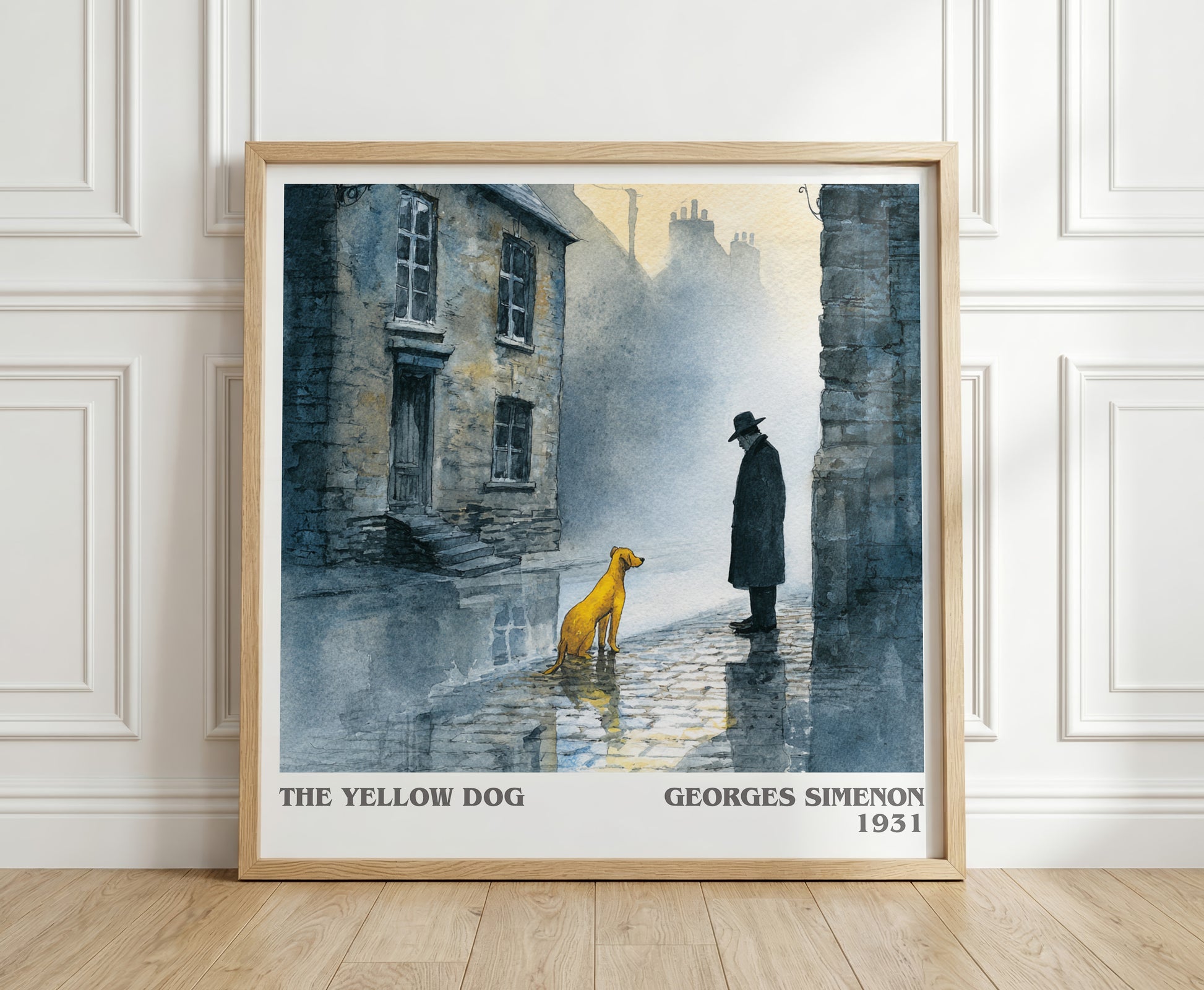 The Yellow Dog literary print in frame leaning in hallway – crime wall art