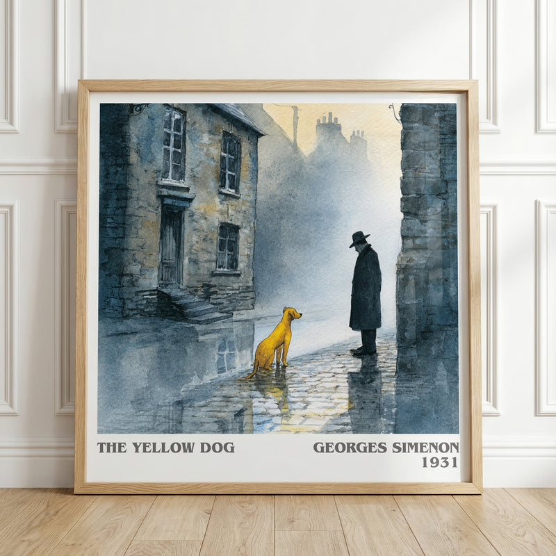 The Yellow Dog literary print in frame leaning in hallway – crime wall art