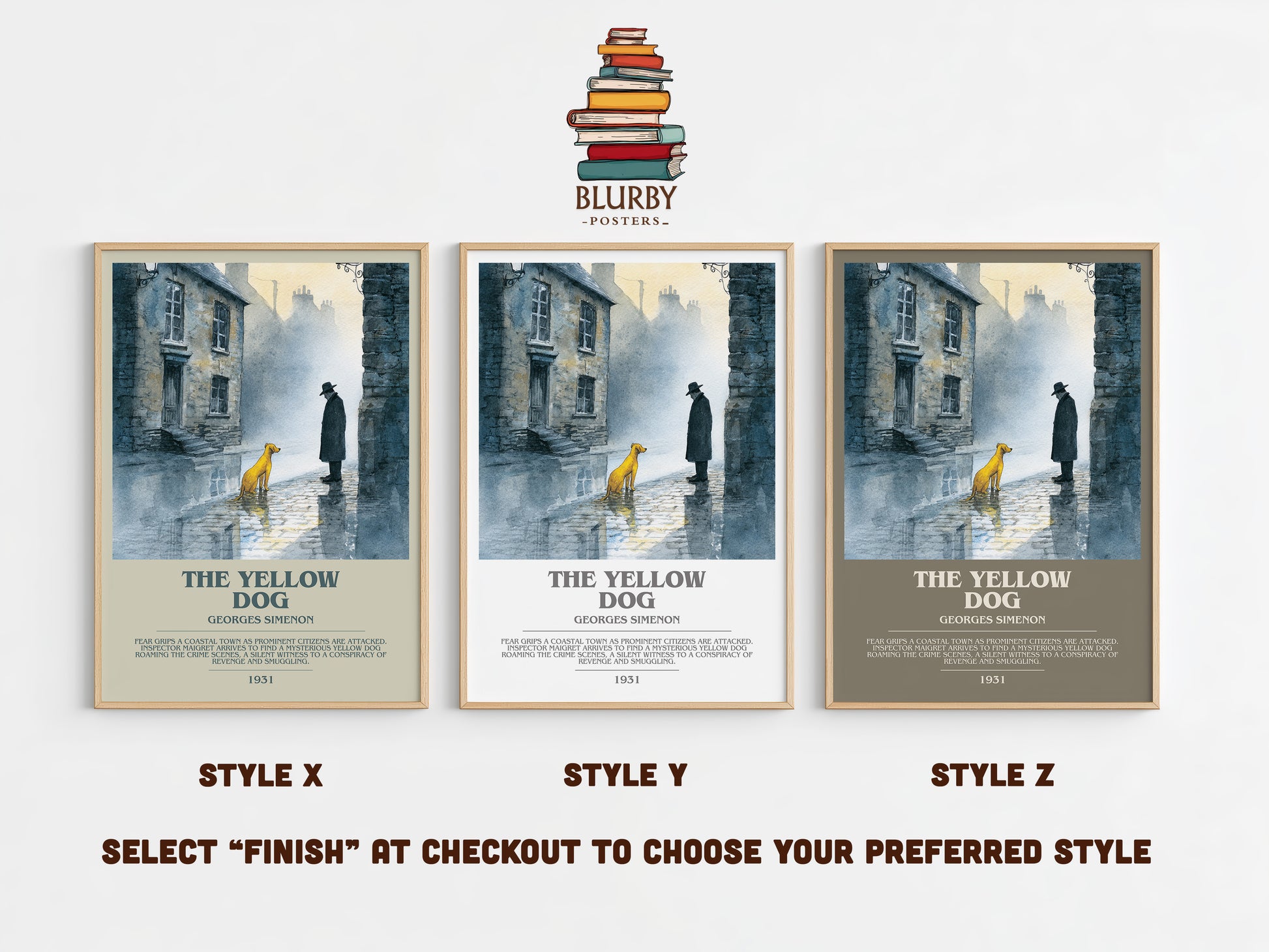 The Yellow Dog bookish print in frame leaning in hallway – crime wall art