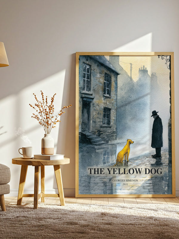 The Yellow Dog watercolour print in frame leaning in hallway – mystery wall art